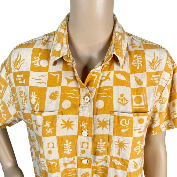 Madewell Orange Beige Checker Tropical Print Linen Blend Button Down Shirt SZ XS - Picture 4 of 9